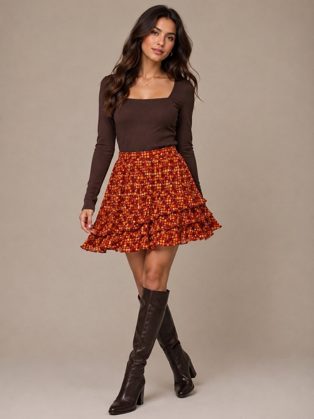 Sigurd Olsen Silk Skirt Tiered Floral Print Burnt Orange Rust Size 12 Hand Wash